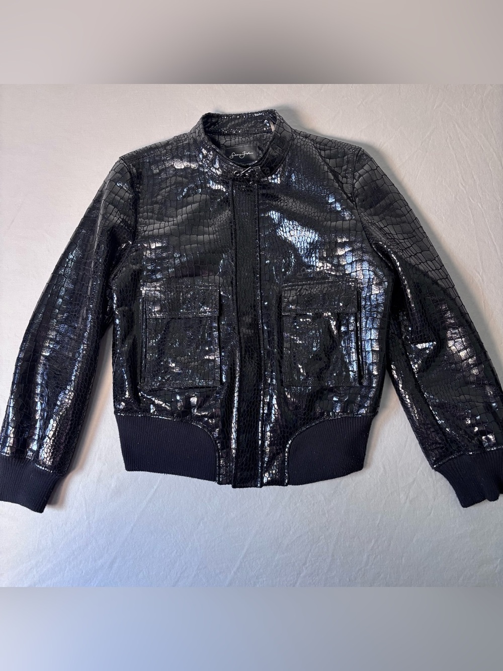 Sean John Black Faux Leather Croc Alligator Print Bomber Jacket - L